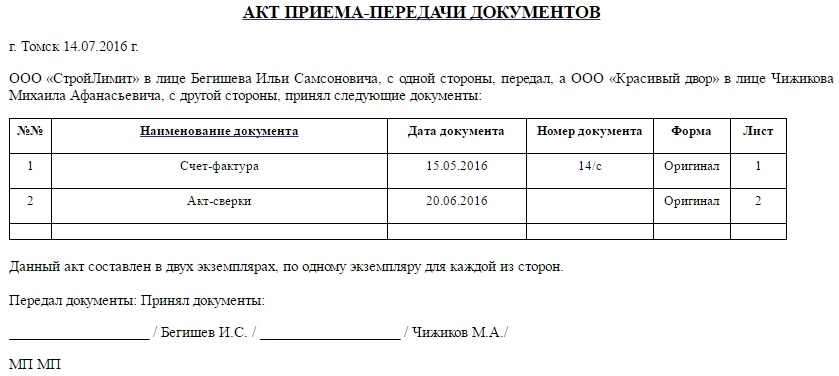 Акт приемки передачи образец простой